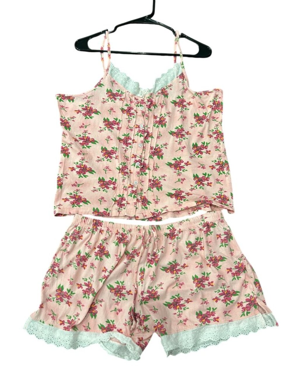 Kat-Nap 2X Pink Floral Pajama Set Lace Trim Tank Shorts Cottagecore Romanticcore